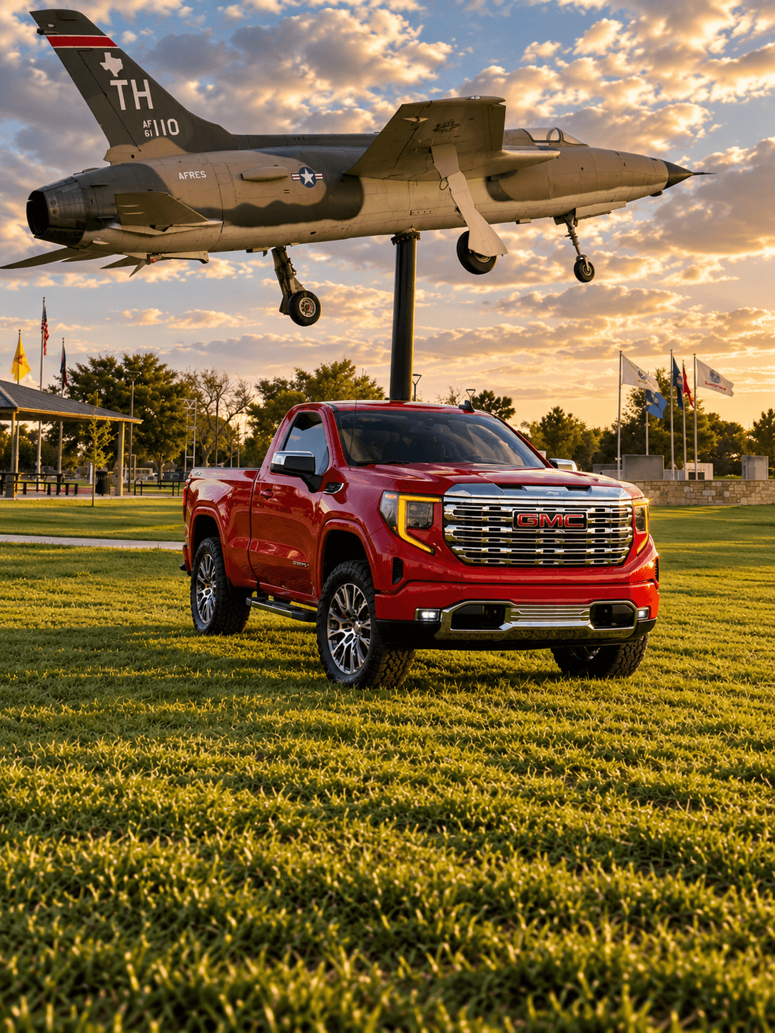 Red single-cab GMC Sierra, front view, parked on the grass beneath a display fighter jet.
