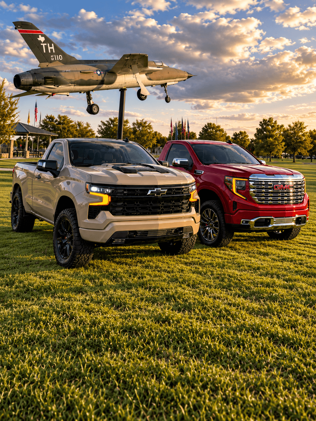 The sand-colored Chevrolet Silverado and the red GMC Sierra side by side on the grass, with a display fighter jet behind them.
