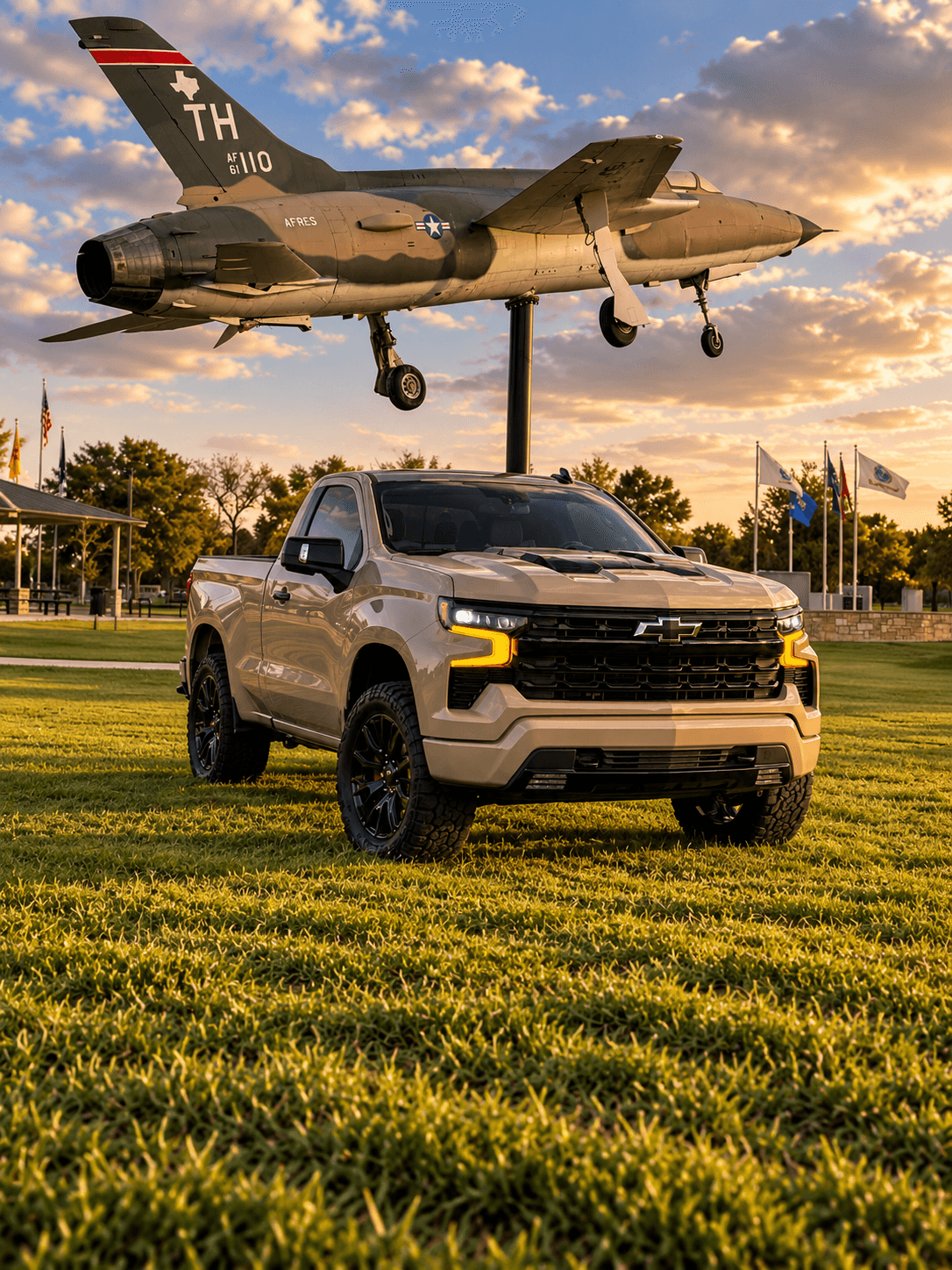 Sand-colored Chevrolet Silverado 1500, front view, parked on the grass beneath a display fighter jet.